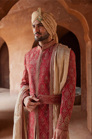 Nitika Gujral Men-Red Matka Silk Embroidered Sherwani Set-INDIASPOPUP.COM