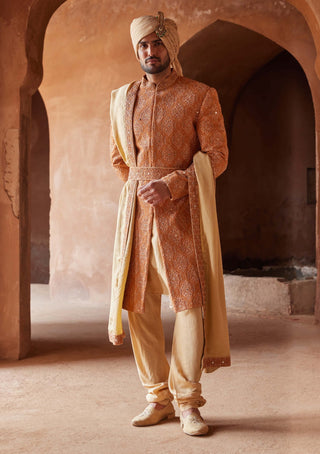 Nitika Gujral Men-Rust Matka Silk Embroidered Sherwani Set-INDIASPOPUP.COM
