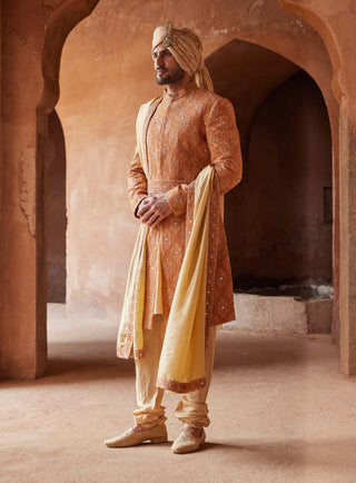 Nitika Gujral Men-Rust Matka Silk Embroidered Sherwani Set-INDIASPOPUP.COM