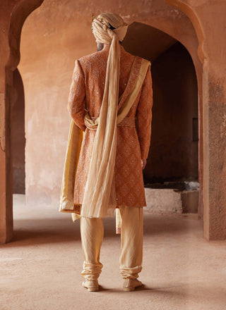 Nitika Gujral Men-Rust Matka Silk Embroidered Sherwani Set-INDIASPOPUP.COM