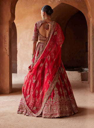 Nitika Gujral-Cardinal Red Raw Silk Lehenga Choli Set-INDIASPOPUP.COM