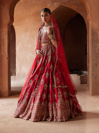 Nitika Gujral-Cardinal Red Raw Silk Lehenga Choli Set-INDIASPOPUP.COM