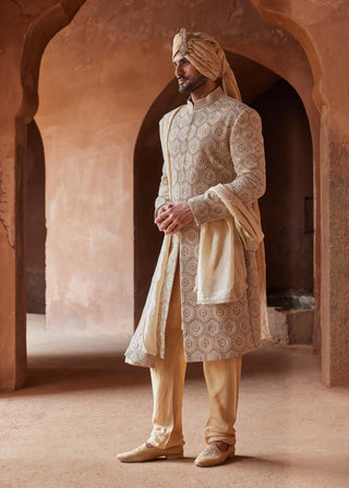Nitika Gujral Men-Mustard Matka Silk Sherwani Set-INDIASPOPUP.COM