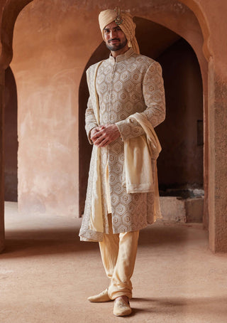 Nitika Gujral Men-Mustard Matka Silk Sherwani Set-INDIASPOPUP.COM