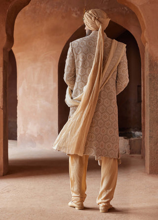 Nitika Gujral Men-Mustard Matka Silk Sherwani Set-INDIASPOPUP.COM