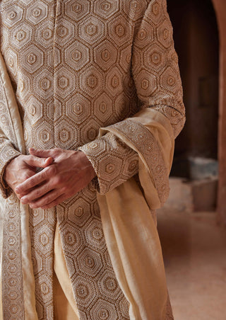 Nitika Gujral Men-Mustard Matka Silk Sherwani Set-INDIASPOPUP.COM