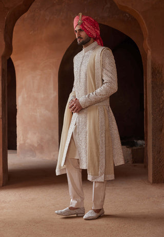 Nitika Gujral Men-Mushroom Raw Silk Embroidered Sherwani Set-INDIASPOPUP.COM