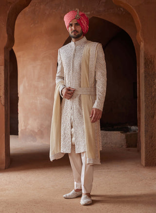 Nitika Gujral Men-Mushroom Raw Silk Embroidered Sherwani Set-INDIASPOPUP.COM