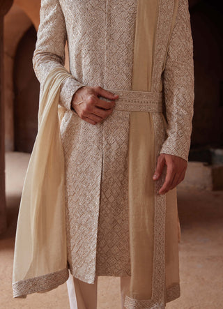 Nitika Gujral Men-Mushroom Raw Silk Embroidered Sherwani Set-INDIASPOPUP.COM