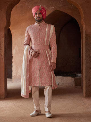 Nitika Gujral Men-Coral Matka Silk Embroidered Sherwani Set-INDIASPOPUP.COM