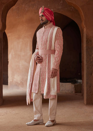 Nitika Gujral Men-Coral Matka Silk Embroidered Sherwani Set-INDIASPOPUP.COM