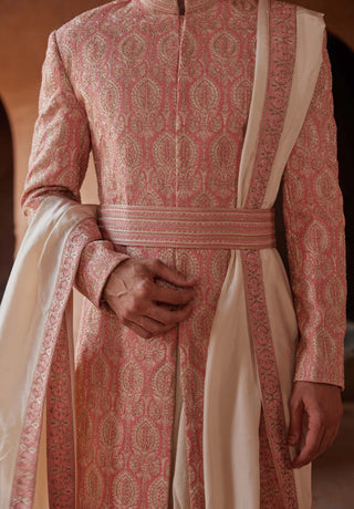 Nitika Gujral Men-Coral Matka Silk Embroidered Sherwani Set-INDIASPOPUP.COM