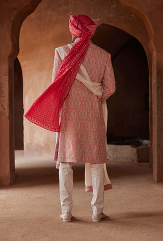 Nitika Gujral Men-Coral Matka Silk Embroidered Sherwani Set-INDIASPOPUP.COM