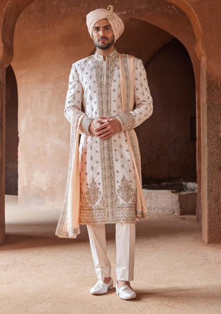 Nitika Gujral Men-Blush Pink Tafetta Silk Embroidered Sherwani Set-INDIASPOPUP.COM