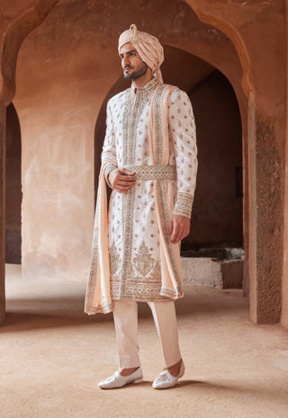 Nitika Gujral Men-Blush Pink Tafetta Silk Embroidered Sherwani Set-INDIASPOPUP.COM