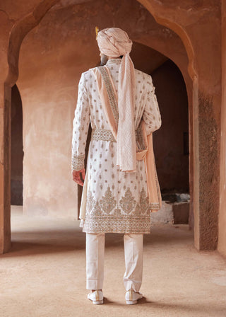 Nitika Gujral Men-Blush Pink Tafetta Silk Embroidered Sherwani Set-INDIASPOPUP.COM