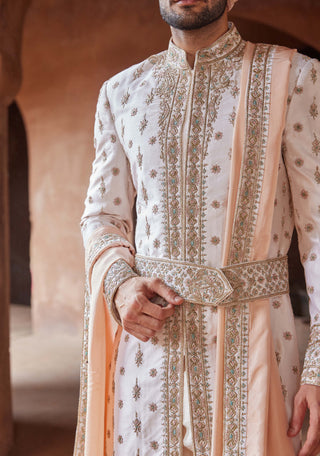 Nitika Gujral Men-Blush Pink Tafetta Silk Embroidered Sherwani Set-INDIASPOPUP.COM