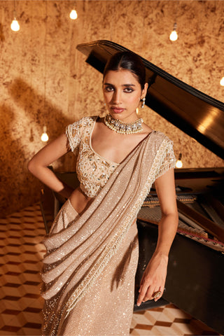 Nidhika Shekhar-Champagne Jalsaa Draped Sari And Blouse-INDIASPOPUP.COM