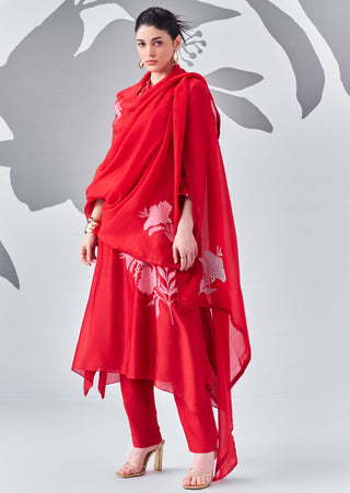 Red Trapezium Kurta Set by Nachiket Barve available on Indiaspopup