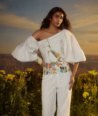 White Puffed One-Shoulder Top by Nirmooha available on Indiaspopup