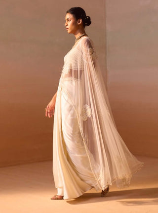 Ivory Pearl Worked Draped Sari And Blouse by Nitika Gujral, available on Indiaspopup.com