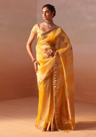 Yellow Organza Sari Set by Nitika Gujral, available on Indiaspopup.com