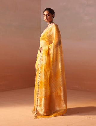 Yellow Organza Sari Set by Nitika Gujral, available on Indiaspopup.com