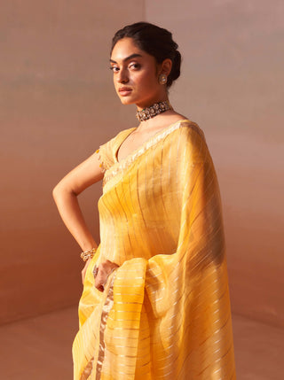 Yellow Organza Sari Set by Nitika Gujral, available on Indiaspopup.com