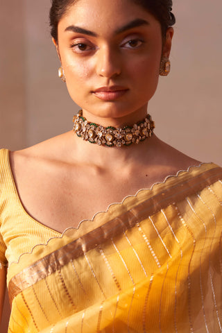 Yellow Organza Sari Set by Nitika Gujral, available on Indiaspopup.com