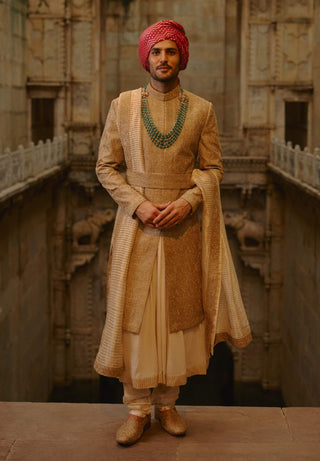 Salmon matka sherwani beige kurta churidar set