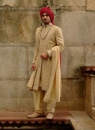 Gold zardozi raw silk sherwani set