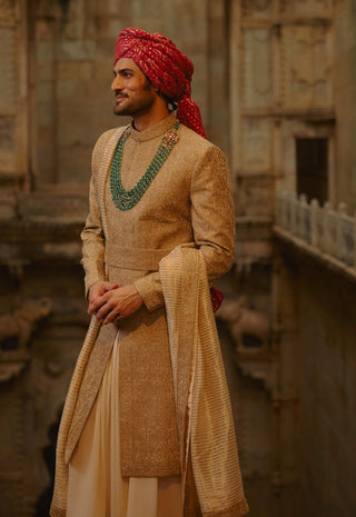 Salmon matka sherwani beige kurta churidar set