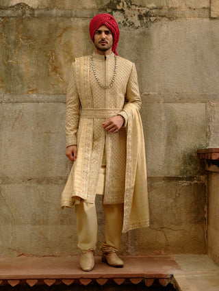 Gold zardozi raw silk sherwani set