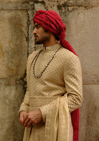 Gold zardozi raw silk sherwani set