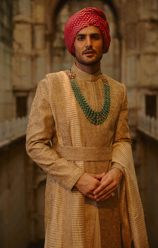 Salmon matka sherwani beige kurta churidar set