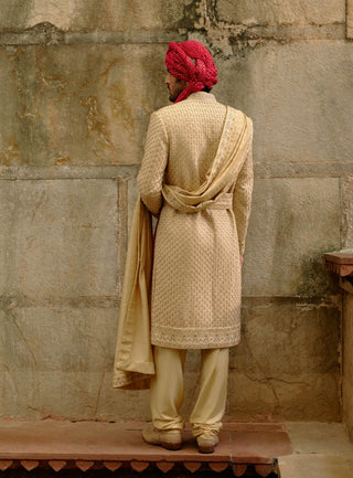 Gold zardozi raw silk sherwani set