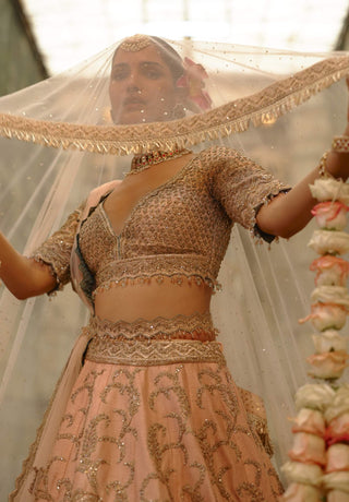 Peach raw silk lehenga set