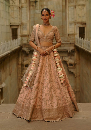 Peach raw silk lehenga set