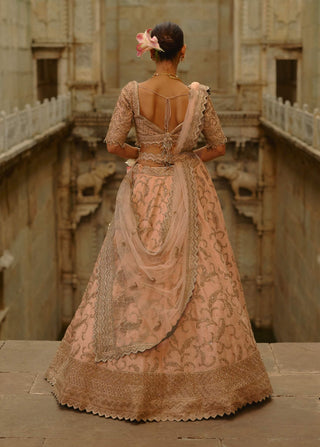 Peach raw silk lehenga set