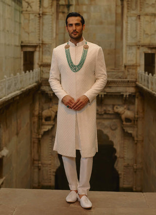 Ivory all over geometric embroidered sherwani set