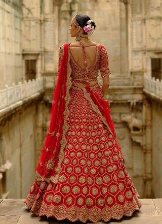Red hexagon raw silk lehenga set