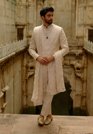 Beige geometric embroidered raw silk sherwani set