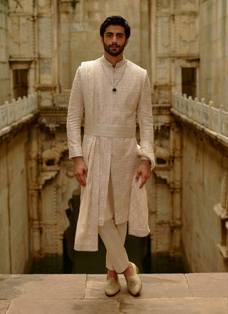 Beige geometric embroidered raw silk sherwani set