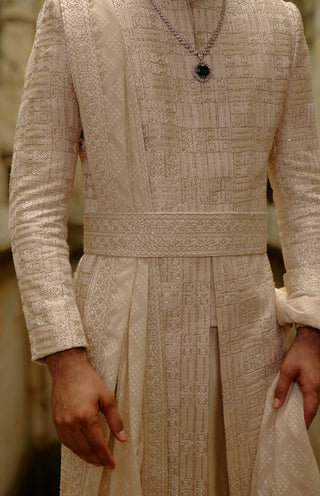 Beige geometric embroidered raw silk sherwani set