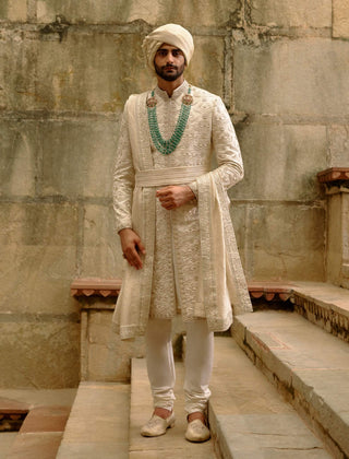 Linen silk brocade zardozi sherwani set