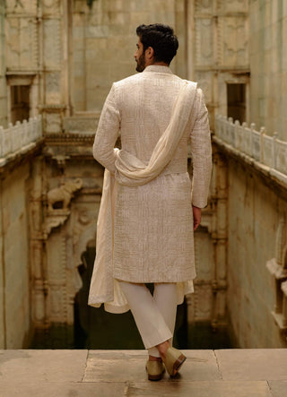 Beige geometric embroidered raw silk sherwani set