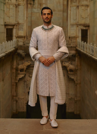 Gray silver embroidered sherwani set