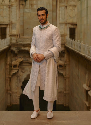 Gray silver embroidered sherwani set
