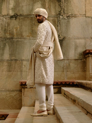 Linen silk brocade zardozi sherwani set