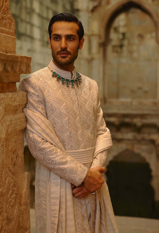 Gray silver embroidered sherwani set
